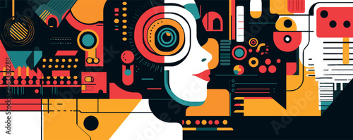 Abstract colorful geometric art with human profile and technological elements.