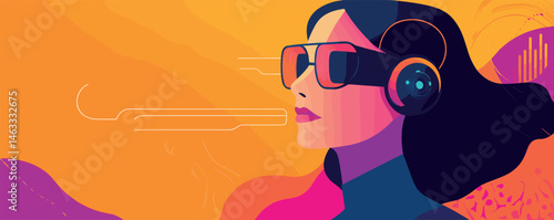 Modern female listening to music: futuristic art in bold colors and sunglasses.