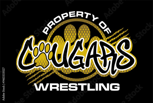 property of wrestling team design with cougar paw print and claw marks for school, college or league sports