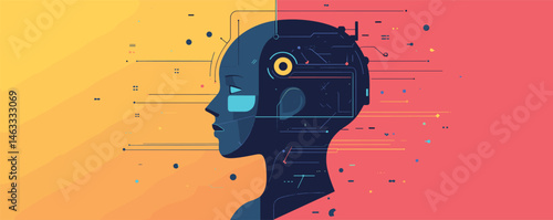 Futuristic portrait of a female android with digital cybernetic enhancements on vibrant background.