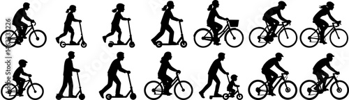 Silhouettes of People Riding Bikes and Scooters