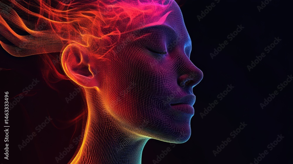 Abstract digital portrait of a serene woman with vibrant neon energy waves Abstract digital portrait of a serene woman with vibrant neon energy waves