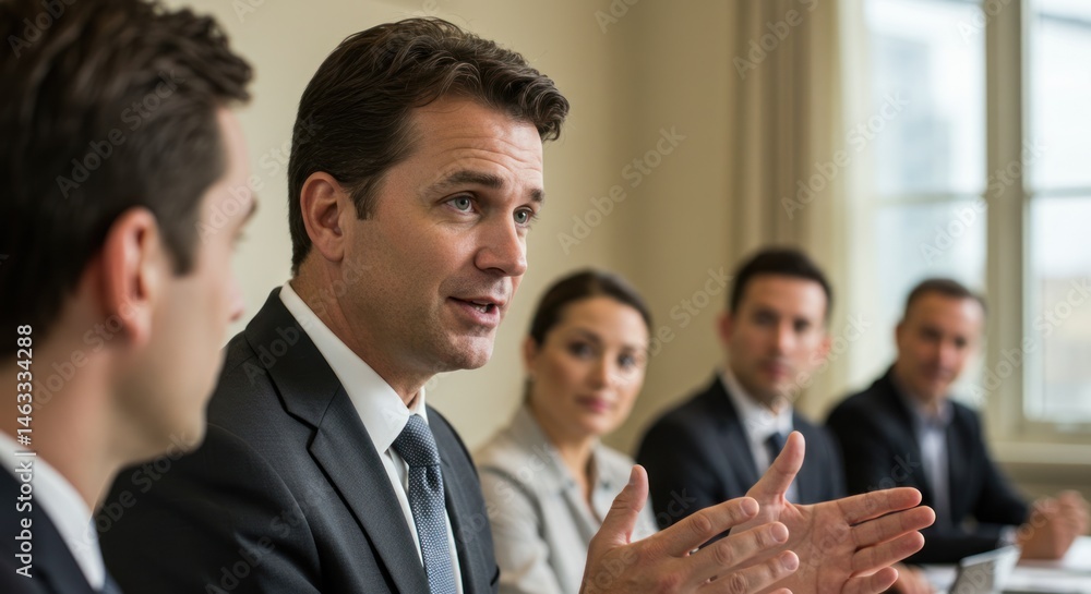 Business people in a meeting with one man speaking and gesturing. Business people in a meeting with one man speaking and gesturing.