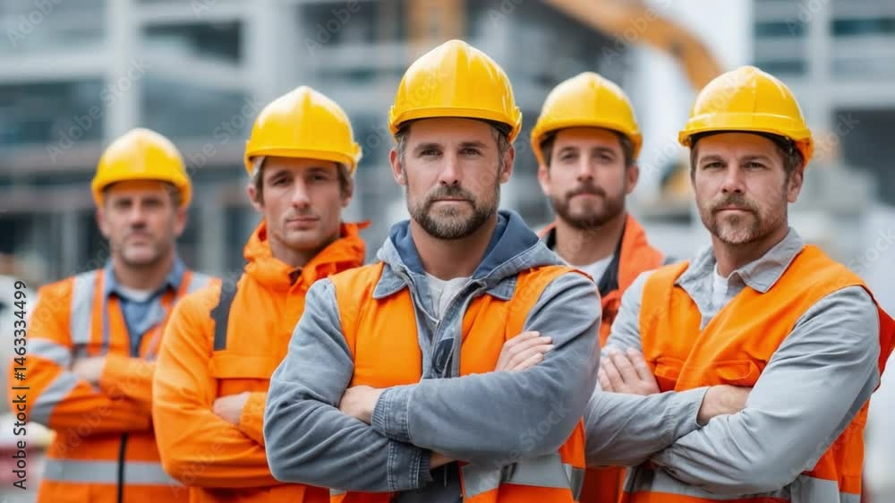 Construction Team's Collective Focus: A group of construction workers, exuding professionalism and dedication, pose confidently, embodying the spirit of teamwork in a structured environment. Construction Team's Collective Focus: A group of construction workers, exuding professionalism and dedication, pose confidently, embodying the spirit of teamwork in a structured environment.