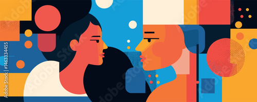 Colorful abstract art of diverse human faces in profile view.