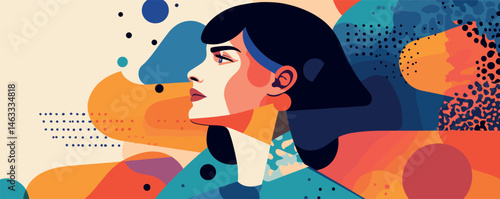 Abstract portrait of woman in colorful geometric patterns with multicolored background.