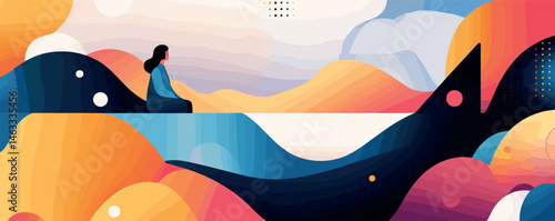 Surreal landscape with solitary woman amidst abstract waves and vibrant shapes at sunrise.