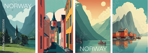 Norway vintage style travel poster set. Collection of scenic art deco retro tourism illustrations