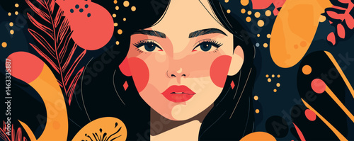 Colorful abstract portrait of a young woman amidst vibrant floral patterns.