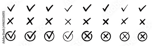 Check the mark icon set. Hand drawn doodle checklist correct, cross, ok vote sign element. Hand drawn brush stroke check mark with box, circle symbol icon set. Vector illustration