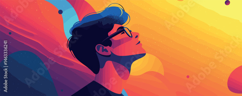Colorful illustration of a young man gazing at a vibrant abstract cosmic scene.