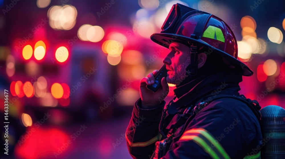 Firefighter Communicating During Emergency Response at Night Firefighter Communicating During Emergency Response at Night