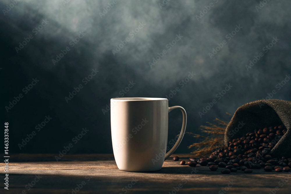 Hot Coffee Mug with Coffee Beans and Dramatic Lighting Hot Coffee Mug with Coffee Beans and Dramatic Lighting