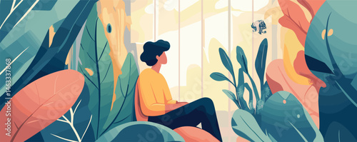 Contemplative man sitting among vibrant foliage in tranquil nature setting.