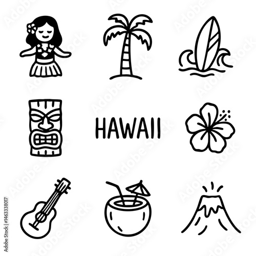 A set of doodle line icons featuring Hawaiian themes like hula dancer, tiki mask, palm tree, surfboard, volcano, and coconut drink