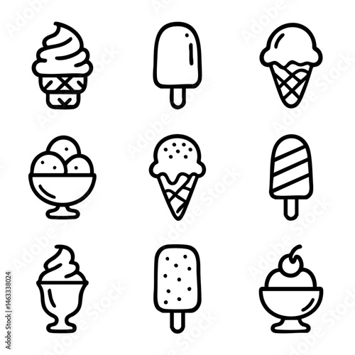 A set of doodle line icons showcasing various frozen desserts including ice cream cones, popsicles, sundaes, and dessert bowls