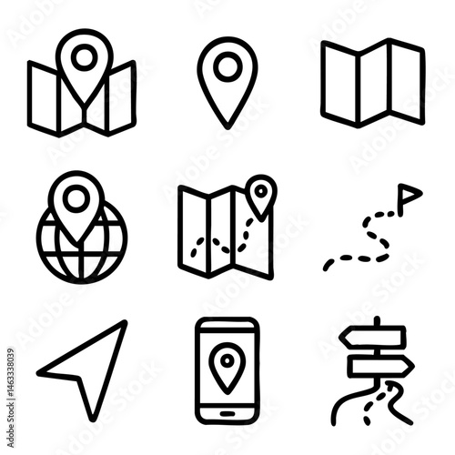 A set of doodle line icons showing navigation elements like location pin, map, route, GPS, smartphone, and direction signs