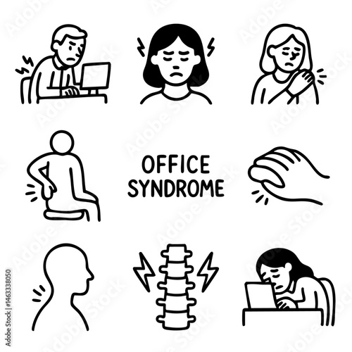 A set of doodle line icons illustrating office syndrome symptoms such as back pain, neck strain, wrist discomfort, and poor posture
