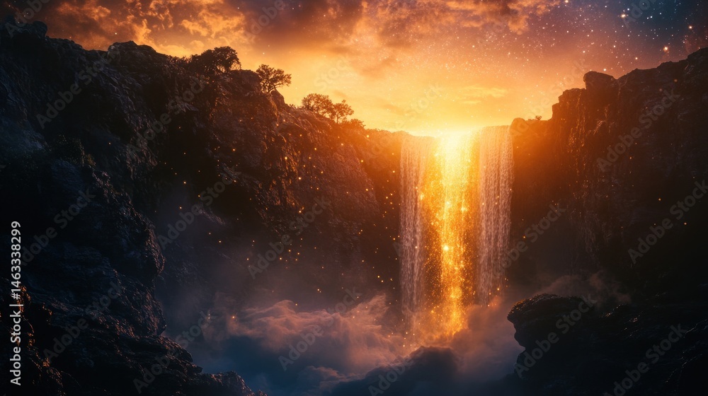 Naklejka premium Celestial Cascade, Golden Waterfall Under a Starry Twilight Sky