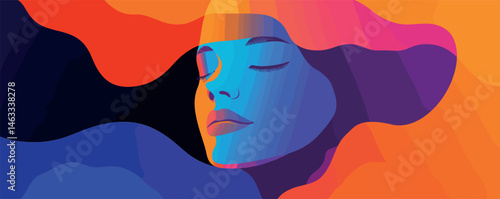 Vibrant abstract portrait of a woman with closed eyes in colorful fluid shapes