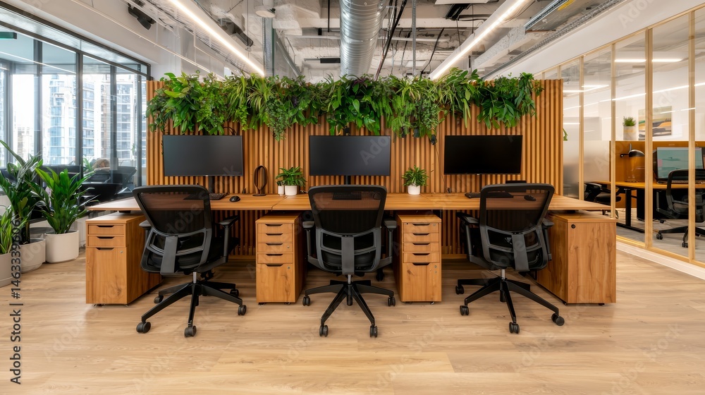 Fototapeta premium Modern Office Interior with Peaceful Greenery Accent