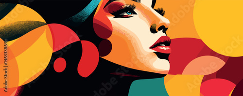 Vibrant abstract portrait of woman in colorful geometric shapes and bold makeup.