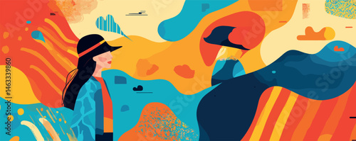 Colorful abstract art of two women interacting with bright, vibrant patterns and shapes.