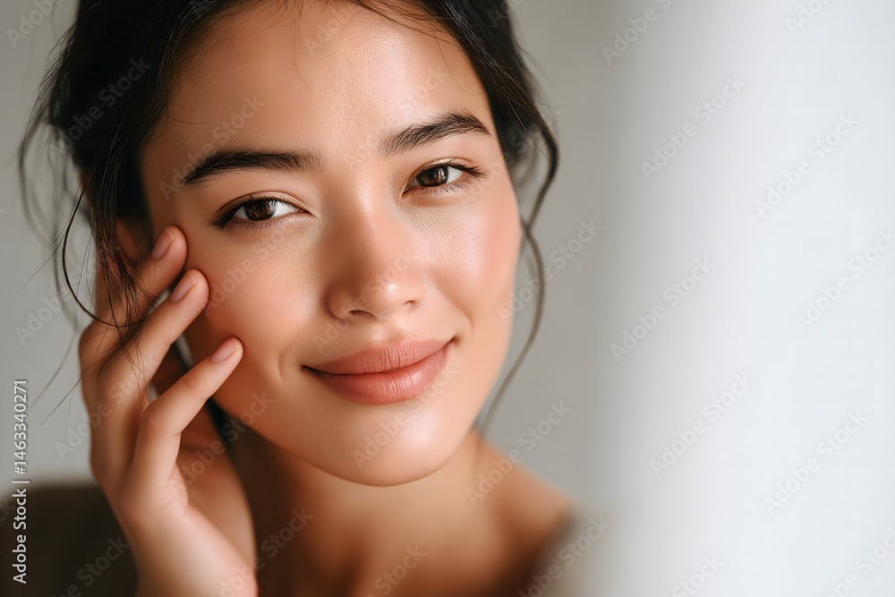 Close-Up Portrait of Beautiful Asian Woman with Smooth Glowing Skin and Natural Makeup in Soft Light Close-Up Portrait of Beautiful Asian Woman with Smooth Glowing Skin and Natural Makeup in Soft Light