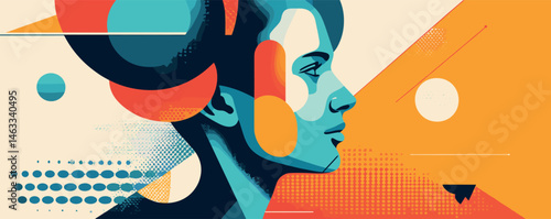 Abstract portrait of woman in vibrant geometric shapes and bold colors