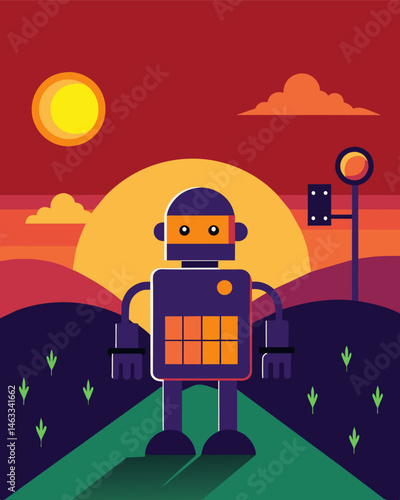 As the sun sets a solar farm robot shuts down for the night its battery fully charged from a day spent tirelessly tilling the soil.. Vector illustration