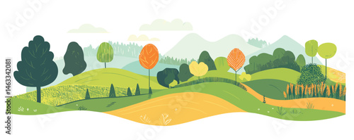 Colorful landscape with rolling hills and vibrant trees in a serene countryside setting.