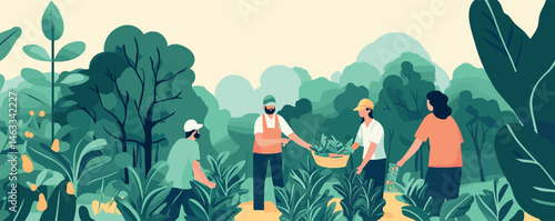 Group of four adults harvesting in lush farm, sharing fresh produce, surrounded by greenery.