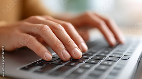 Hands typing on keyboard in digital workspace for remote work and online interaction