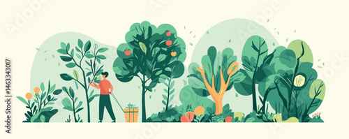 Man gardening among lush fruit trees and vibrant greenery in a peaceful garden scene.