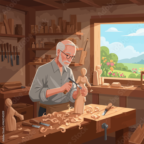 Man Carving Wood Sculpture in Workshop with Sunny Landscape View