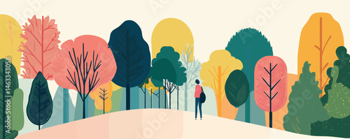 Illustration of person in colorful autumn forest with tall trees in pastel shades.