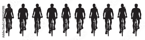 Silhouettes of a couple riding bicycles together in various poses on a white background