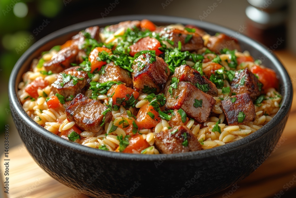Delicious Orzo Pasta with Beef Carrots and Herbs in a Black Bowl Delicious Orzo Pasta with Beef Carrots and Herbs in a Black Bowl