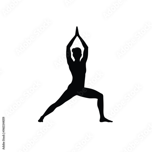Silhouette of a woman performing yoga warrior pose against a white background