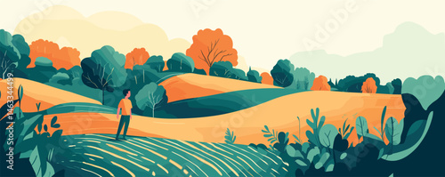 Man in scenic autumn landscape with rolling hills and colorful trees.