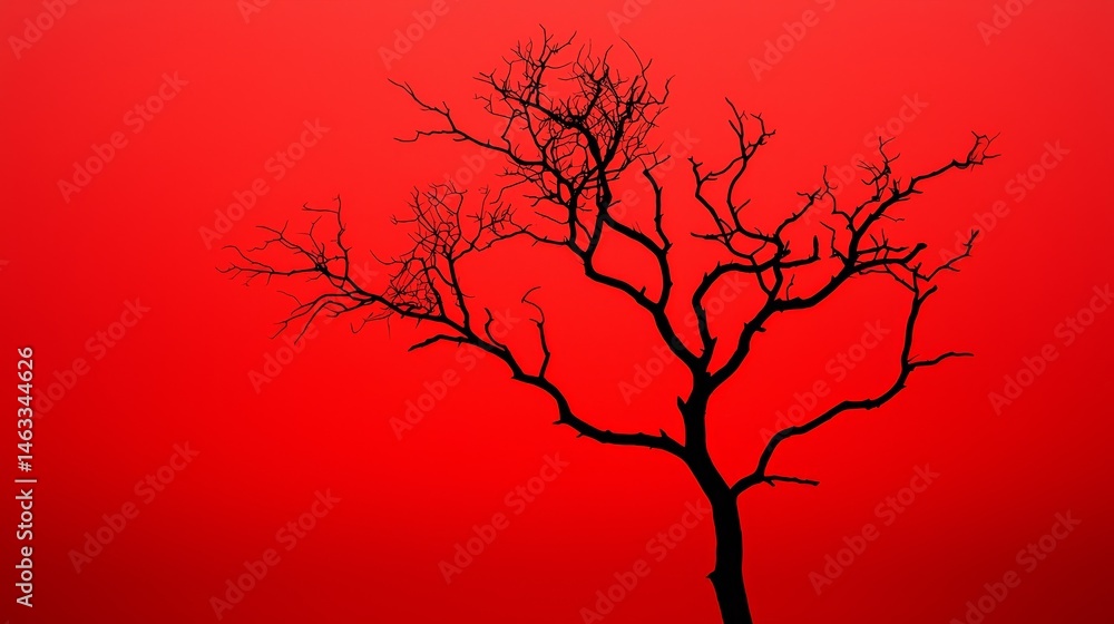 Fototapeta premium Twisted Branches of a Silhouetted Tree Against Red Sky