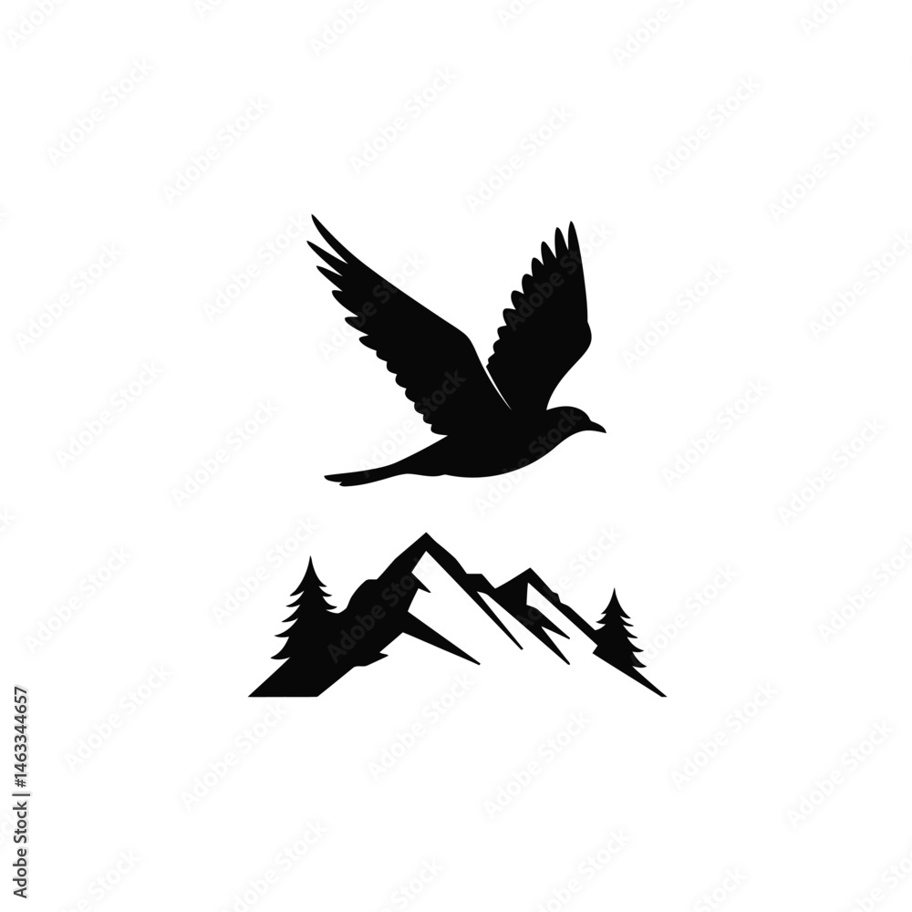 Fototapeta premium Silhouette of a soaring bird above mountain peaks representing nature and adventure