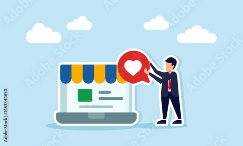 Businessman holding a chat bubble with a love icon next to a laptop with a canopy ornament, illustration of a highly popular and widely used marketplace