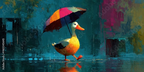 Colorful duck with umbrella in rainy city scene