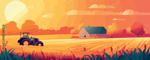 Sunset farm scene with tractor in colorful fields and house in the distance.