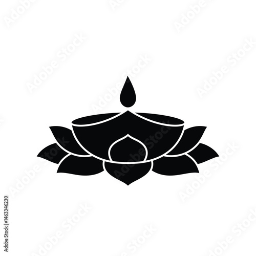 Elegant black silhouette of a diya lamp and lotus flower symbol for diwali celebration