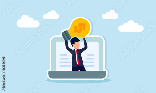 Businessman Emerging from Laptop Holding Dollar Sign Lightbulb Representing Financial Management Ideas and Innovation