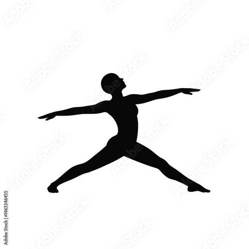 Silhouette of a woman practicing yoga pose arms extended isolated on white background