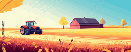 Red tractor in autumn field near rustic barn with sunlit skies.