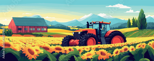 Red tractor in sunflower field with barn and mountains under blue sky.